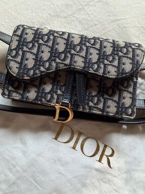 Dior Beige and Navy Oblique Saddle Mini Belt Bag with Gold D Charm